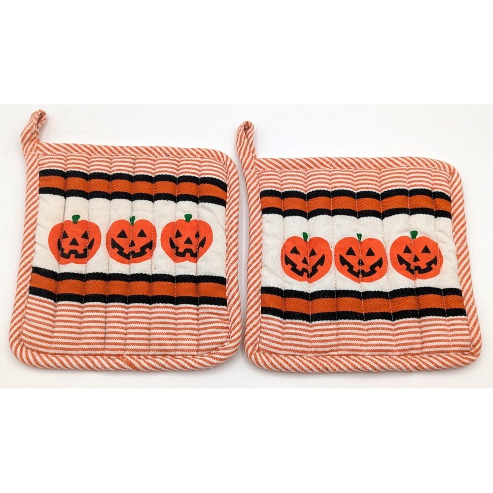 90s Vtg Jack-o'-lanterns Orange And Black Pot Holders Hot Pads Stripe Set Of 2